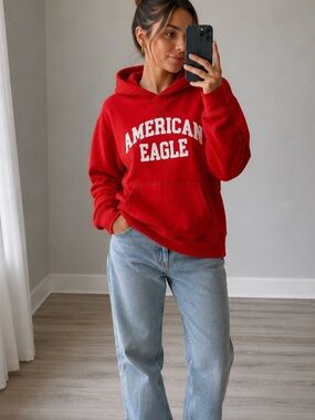 American Eagle Red Pullover Hoodie Women’s Small | Vintage Y2K Varsity Logo